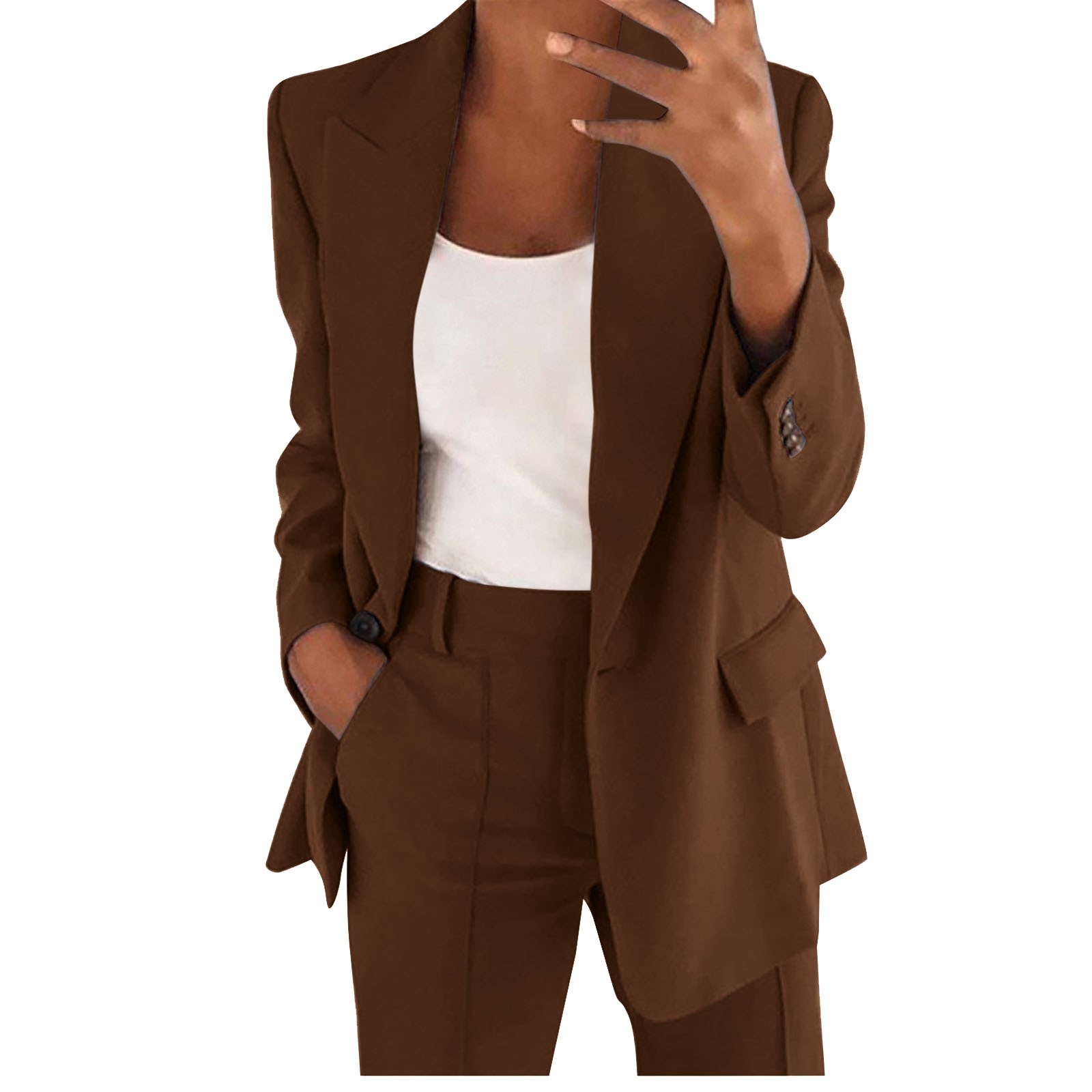 thumbnail image 2 of Conjunto de traje de dos piezas con solapas para mujer: blazer de manga larga con botones y pantalones. Conjunto formal de negocios. Poliéster y spandex suaves. Tallas S-XXL., 2 of 6